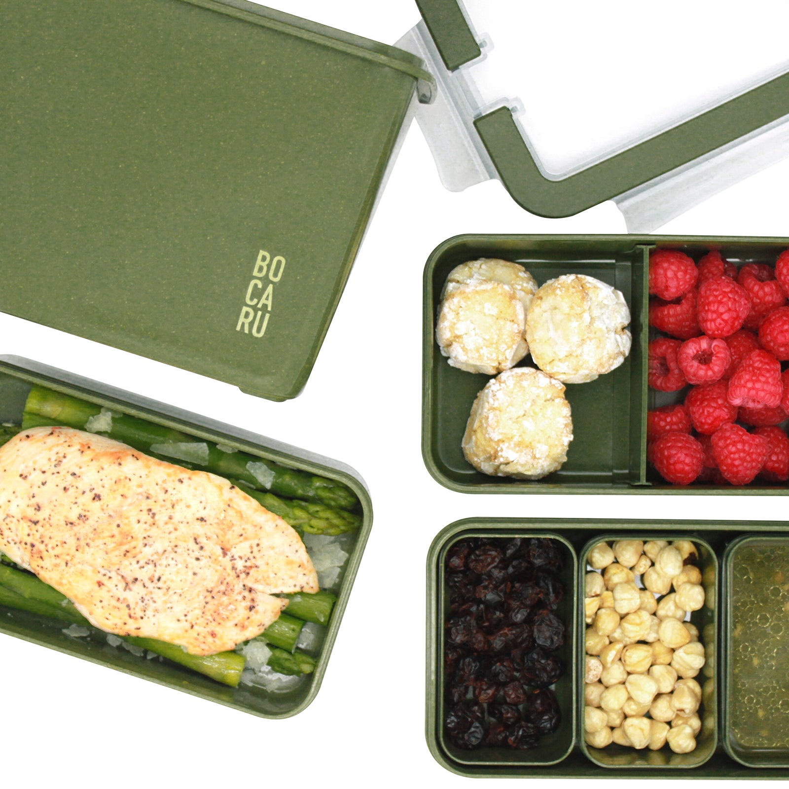 Lonchera Bento Box + Tuppers por separado. Cabe una comida completa en porciones óptimas Set de 14 piezas. Verde Militar