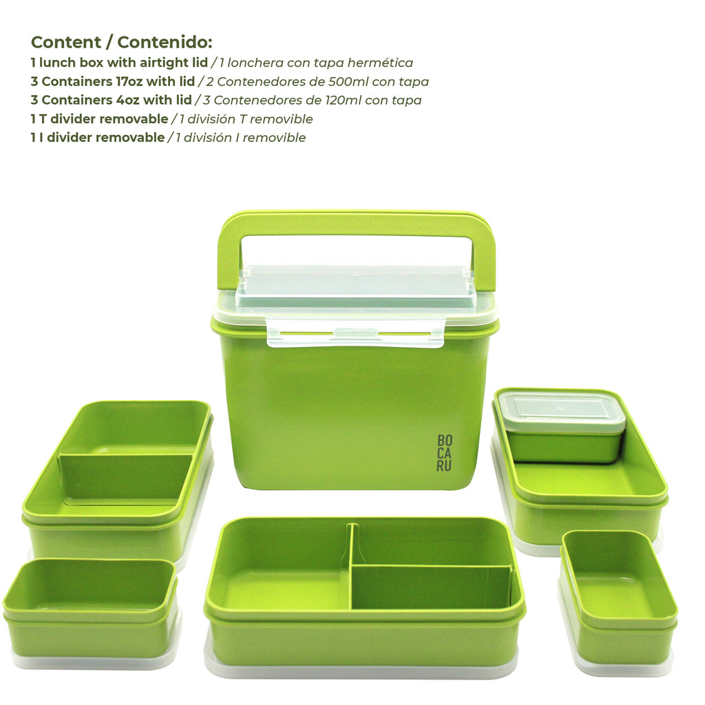 Lonchera Bento Box + Tuppers por separado. Cabe una comida completa en porciones óptimas. Set de 14 piezas. Verde Vivo