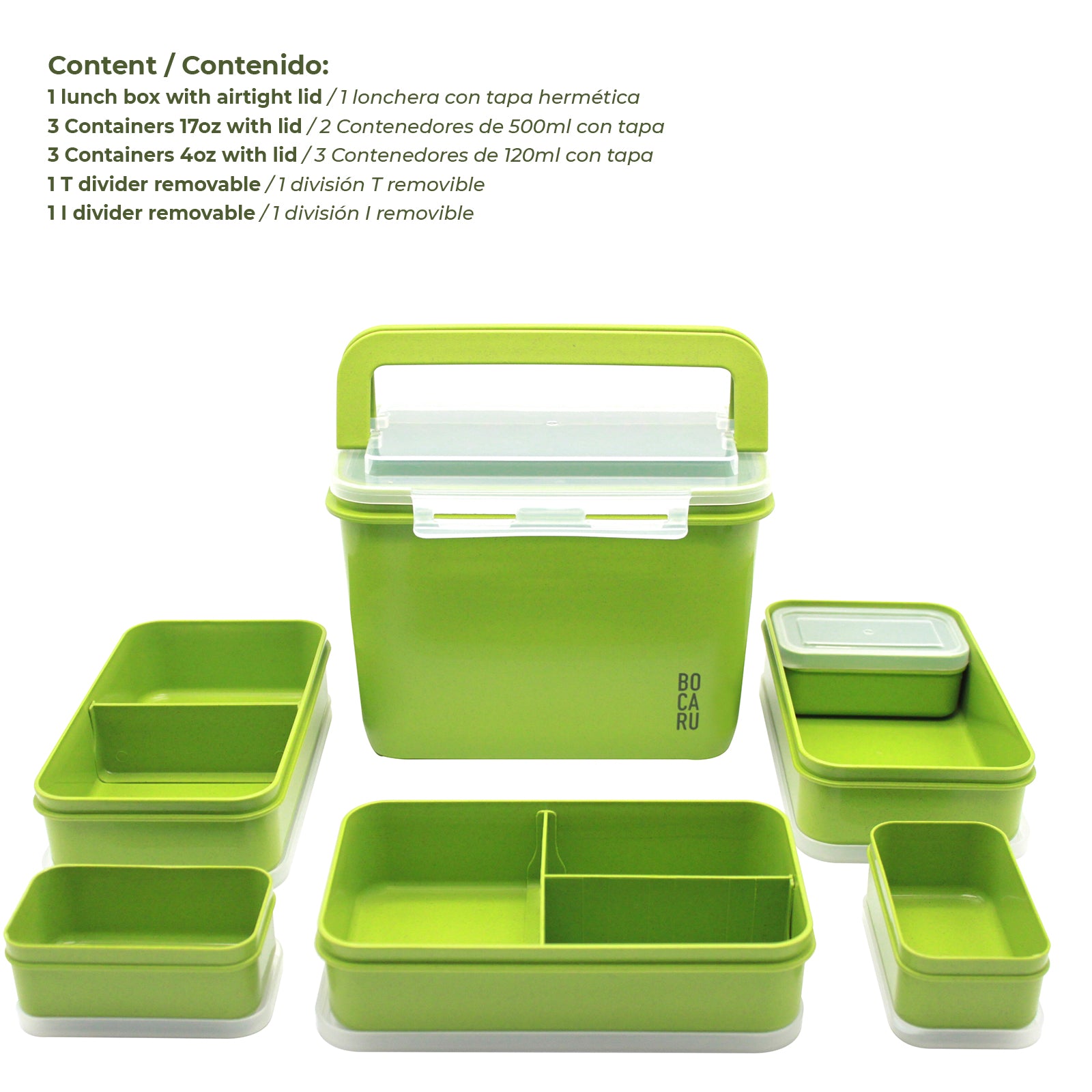Lonchera Bento Box + Tuppers por separado. Cabe una comida completa en porciones óptimas. Set de 14 piezas. Verde Vivo