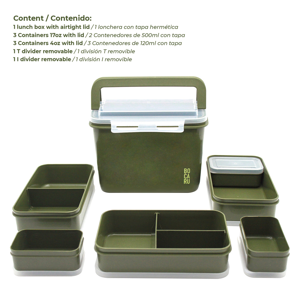 Lonchera Bento Box + Tuppers por separado. Cabe una comida completa en porciones óptimas Set de 14 piezas. Verde Militar