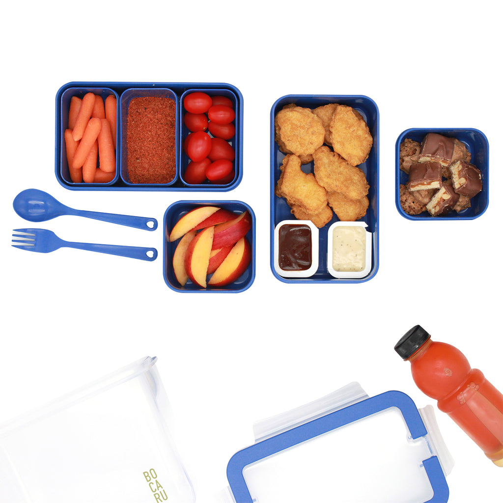 Lonchera Bento Box para niños. Lonchera + tuppers + cubiertos. Set de 18 piezas. Porciones ideales para niños de 5 a 12 años. Azul Eléctrico