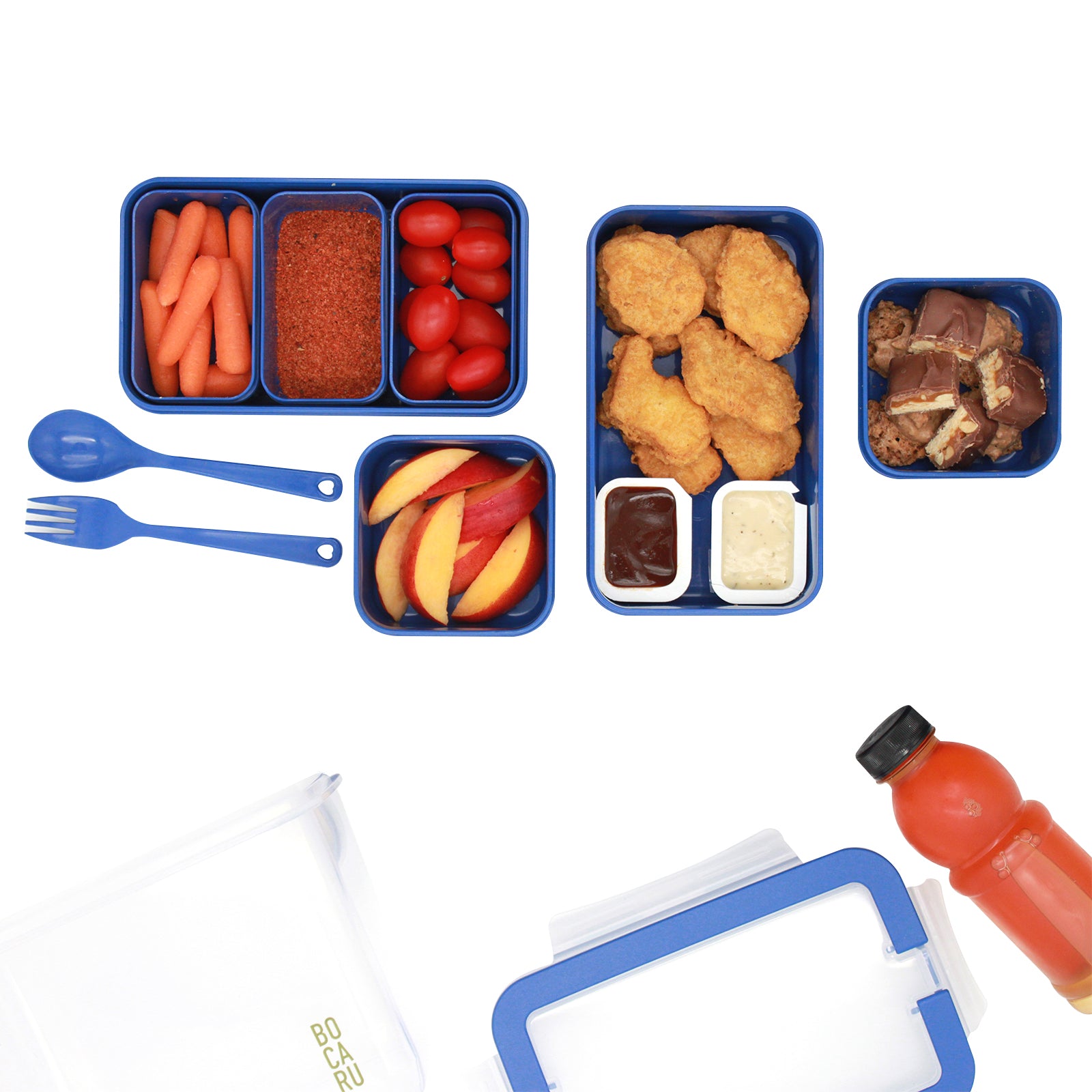 Lonchera Bento Box para niños. Lonchera + tuppers + cubiertos. Set de 18 piezas. Porciones ideales para niños de 5 a 12 años. Azul Eléctrico