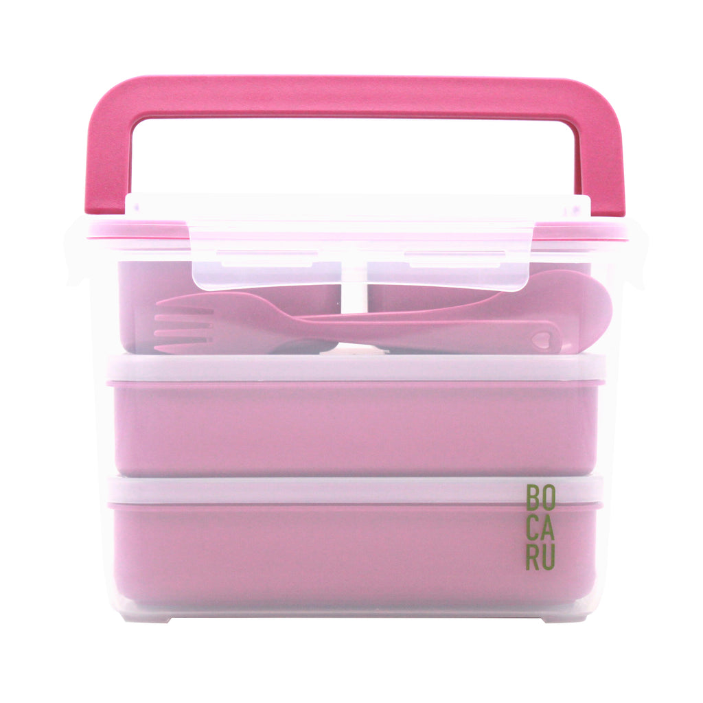Lonchera Bento Box para niños. Lonchera + tuppers + cubiertos. Set de 18 piezas. Porciones ideales para niños de 5 a 12 años. Rosa Brillante
