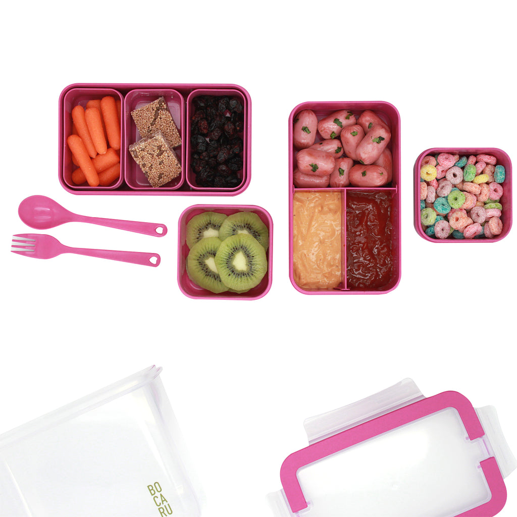 Lonchera Bento Box para niños. Lonchera + tuppers + cubiertos. Set de 18 piezas. Porciones ideales para niños de 5 a 12 años. Rosa Brillante
