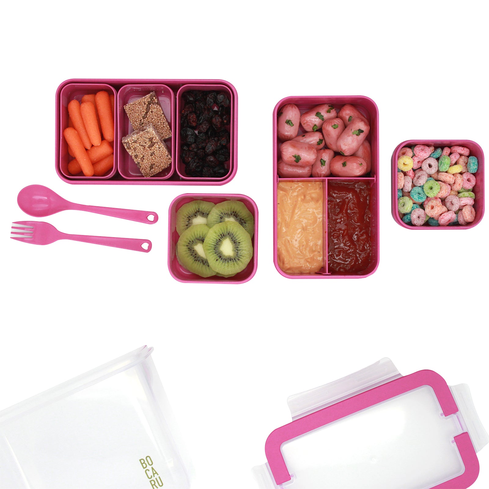 Lonchera Bento Box para niños. Lonchera + tuppers + cubiertos. Set de 18 piezas. Porciones ideales para niños de 5 a 12 años. Rosa Brillante