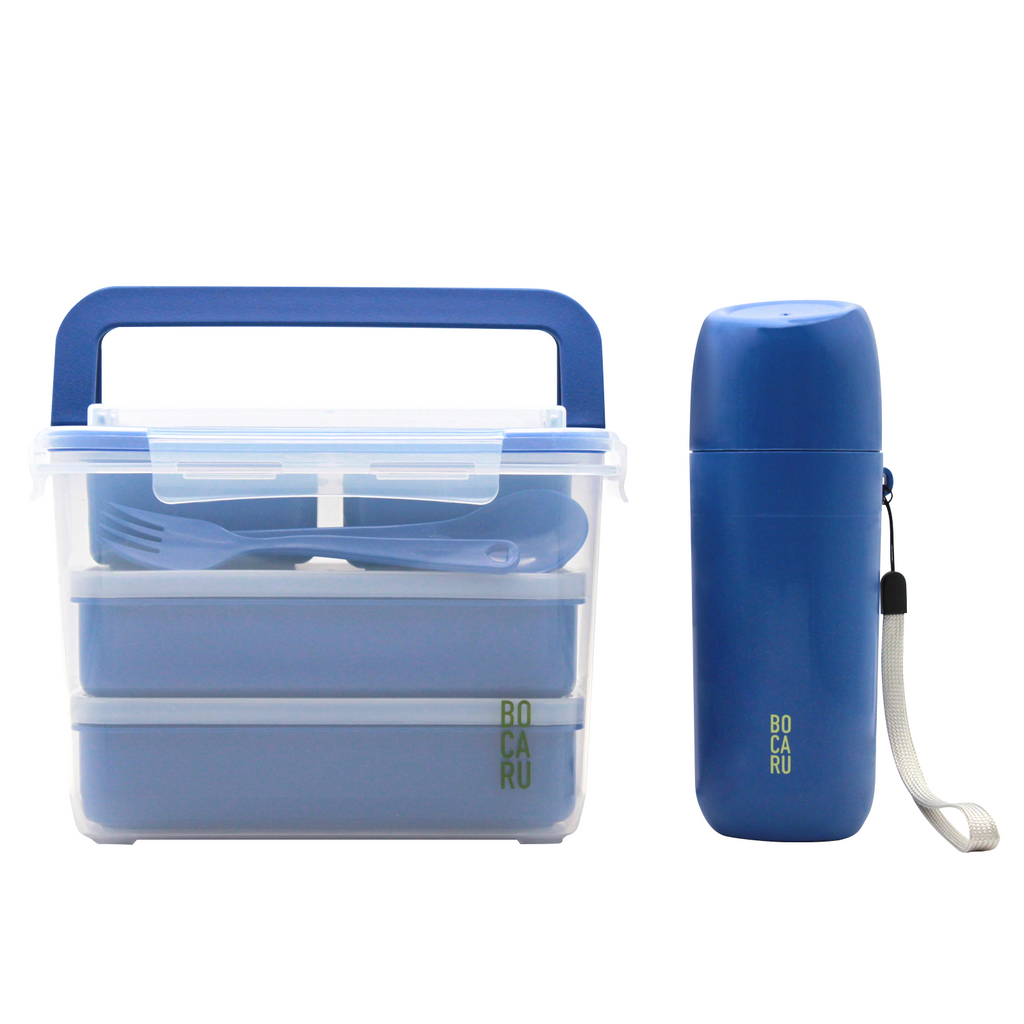 Lonchera Bento box y Botella para niños.  Lonchera + tuppers + cubiertos + Botella de agua. Set de 19 piezas. Porciones ideales para niños de 5 a 12 años. Azul Eléctrico