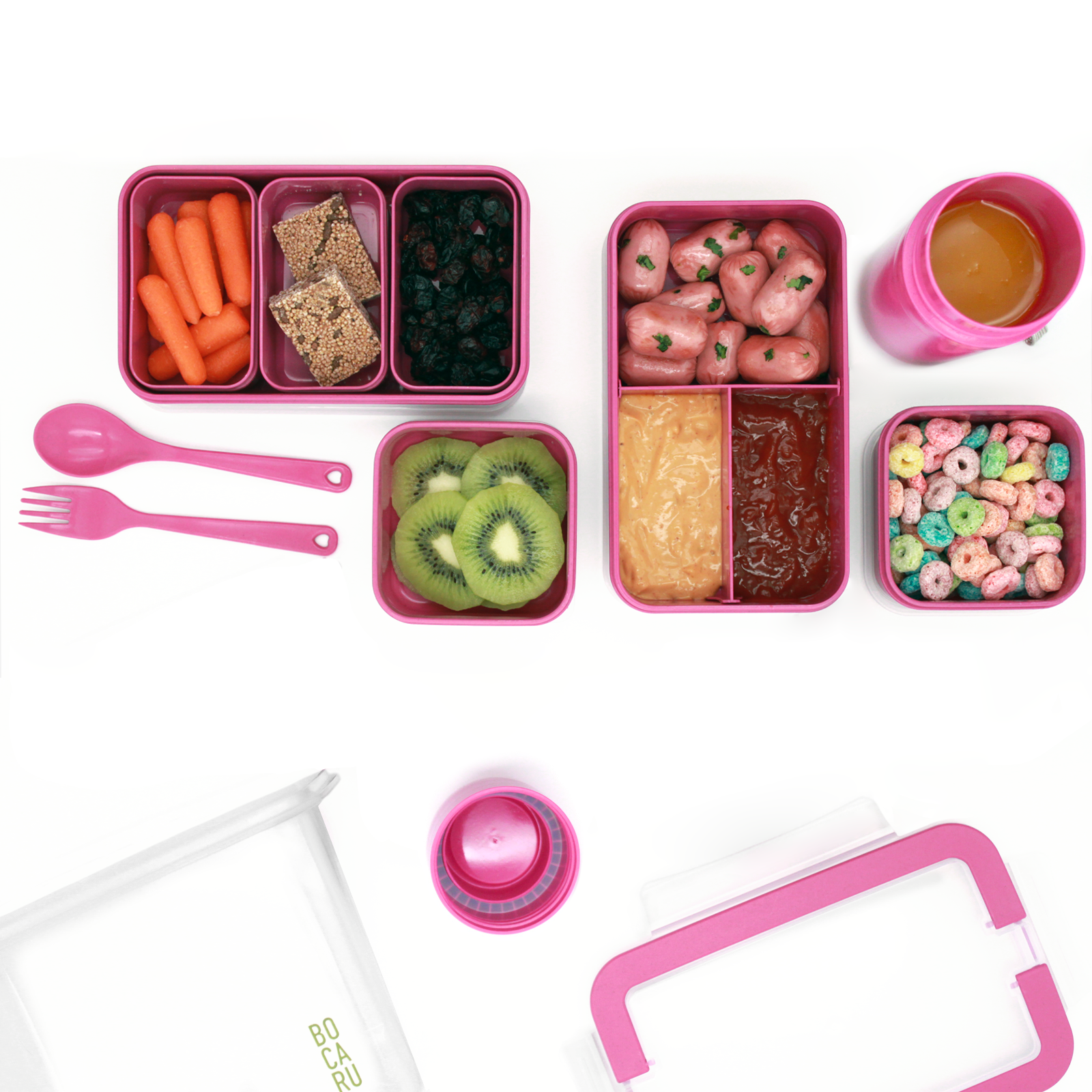 Lonchera Bento box y Botella para niños.  Lonchera + tuppers + cubiertos + Botella de agua. Set de 19 piezas. Porciones ideales para niños de 5 a 12 años. Rosa Brillante