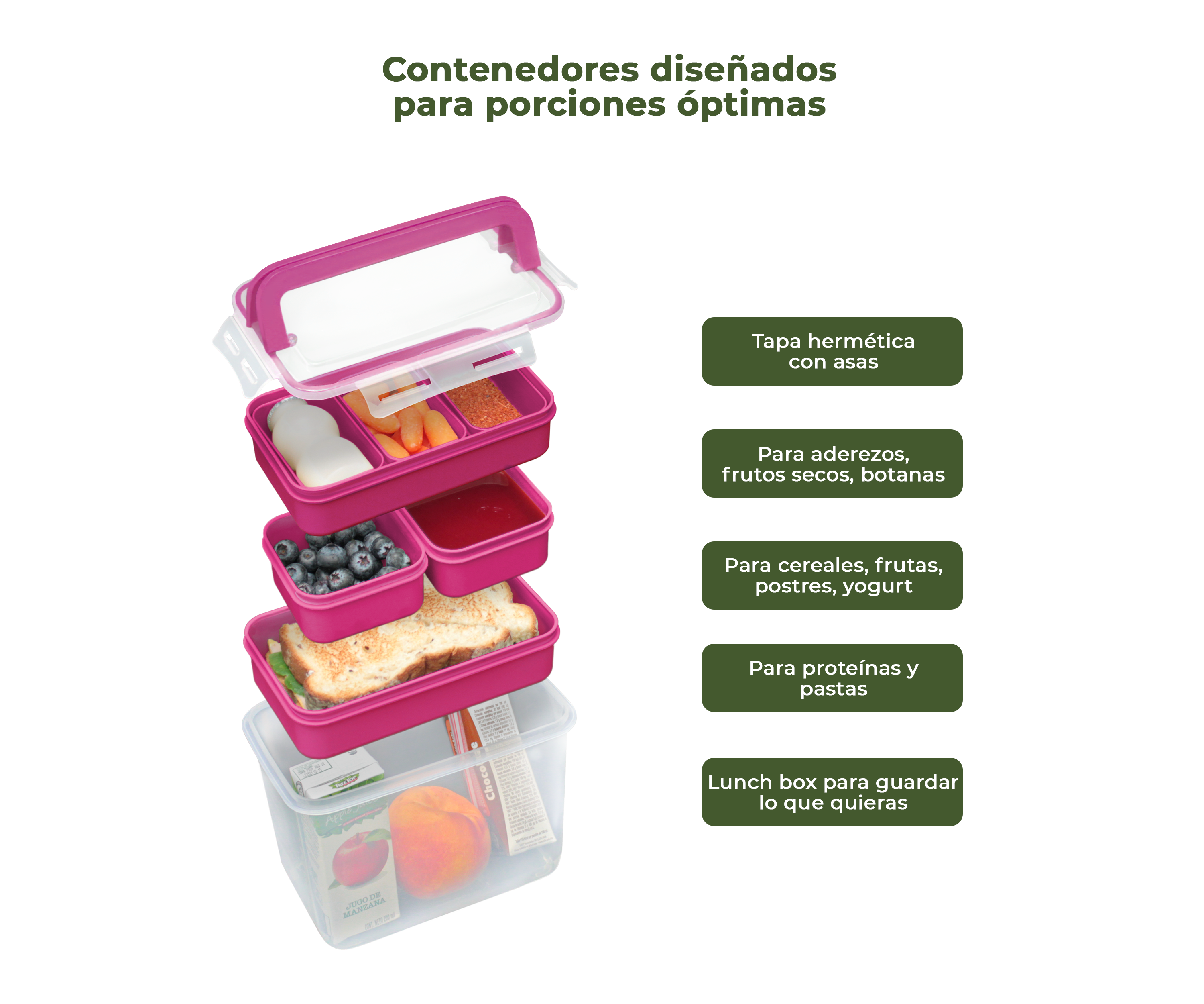 Lonchera Bento Box para niños. Lonchera + tuppers + cubiertos. Set de 18 piezas. Porciones ideales para niños de 5 a 12 años. Rosa Brillante