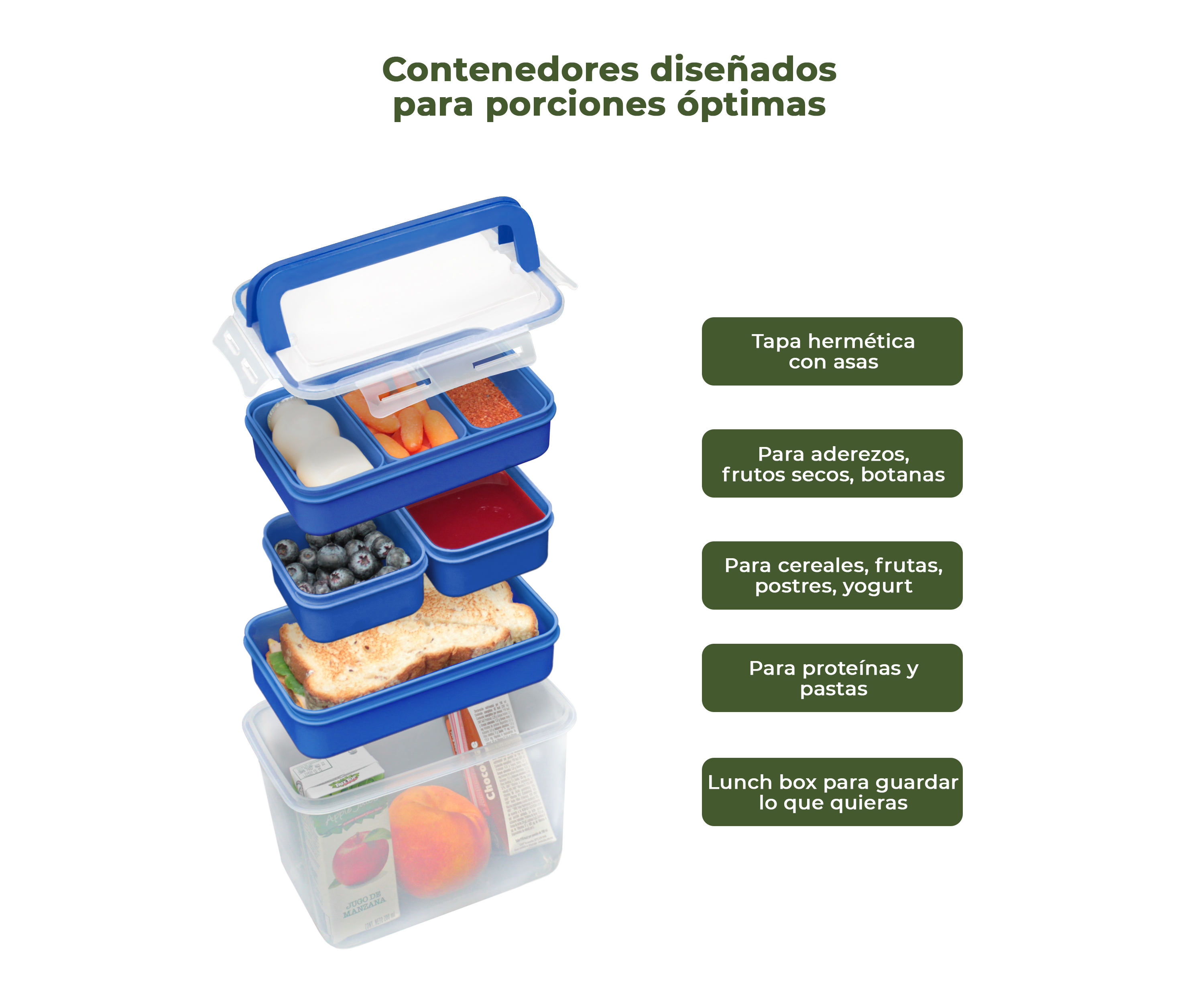 Lonchera Bento Box para niños. Lonchera + tuppers + cubiertos. Set de 18 piezas. Porciones ideales para niños de 5 a 12 años. Azul Eléctrico