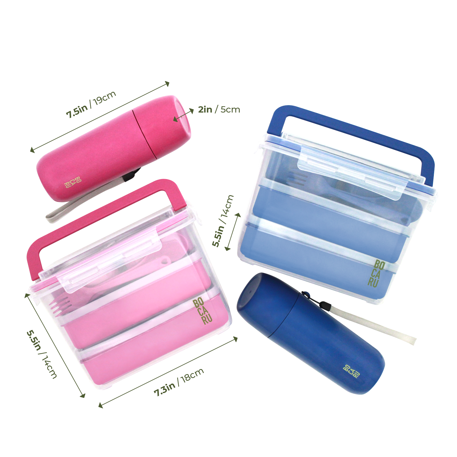 Lonchera Bento box y Botella para niños.  Lonchera + tuppers + cubiertos + Botella de agua. Set de 19 piezas. Porciones ideales para niños de 5 a 12 años. Azul Eléctrico