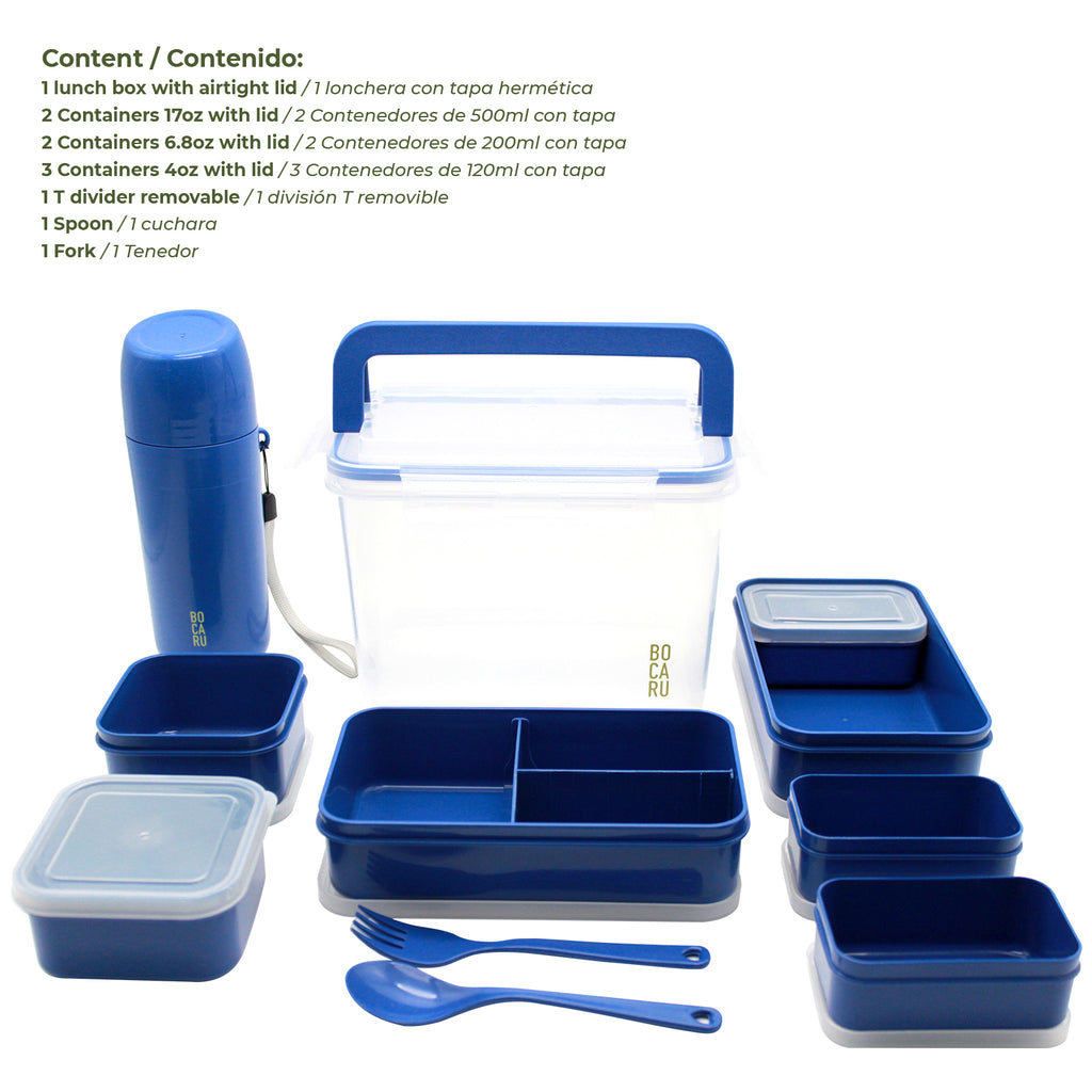 Lonchera Bento box y Botella para niños.  Lonchera + tuppers + cubiertos + Botella de agua. Set de 19 piezas. Porciones ideales para niños de 5 a 12 años. Azul Eléctrico
