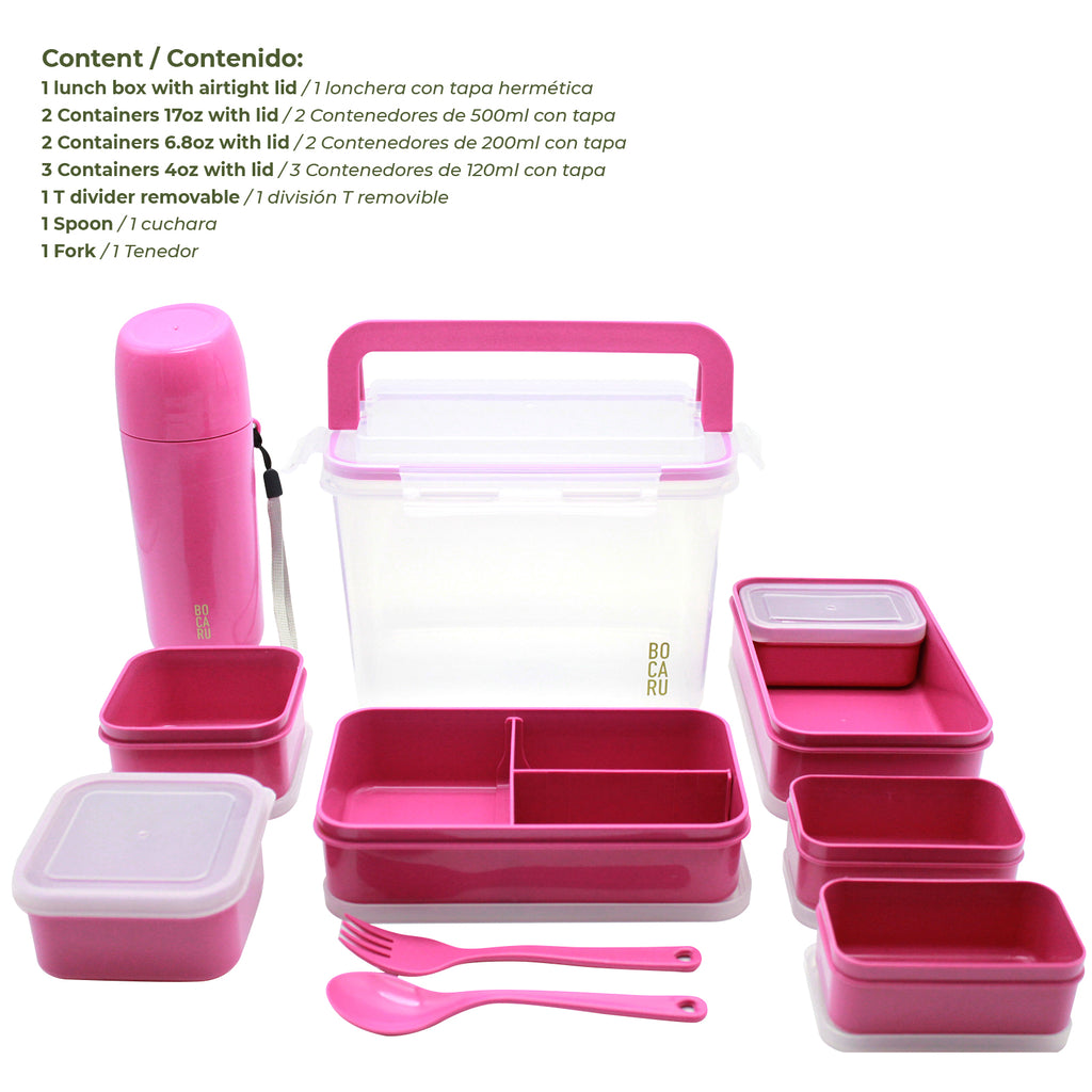 Lonchera Bento box y Botella para niños.  Lonchera + tuppers + cubiertos + Botella de agua. Set de 19 piezas. Porciones ideales para niños de 5 a 12 años. Rosa Brillante