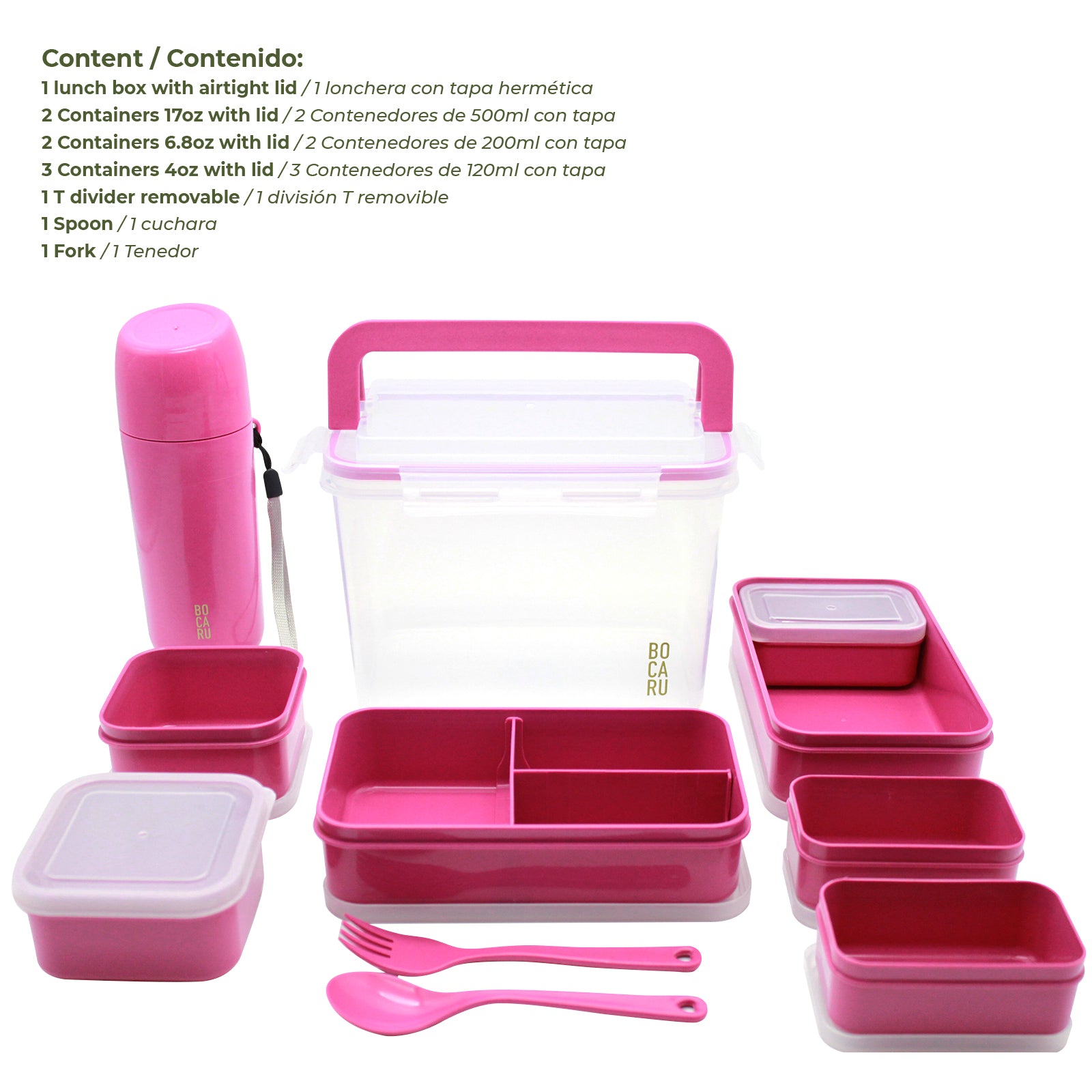 Lonchera Bento box y Botella para niños.  Lonchera + tuppers + cubiertos + Botella de agua. Set de 19 piezas. Porciones ideales para niños de 5 a 12 años. Rosa Brillante