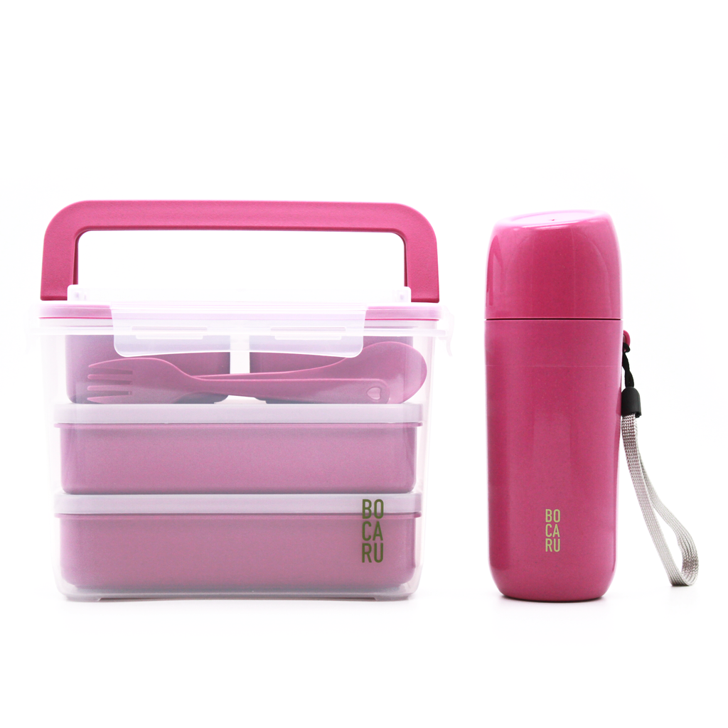 Lonchera Bento box y Botella para niños.  Lonchera + tuppers + cubiertos + Botella de agua. Set de 19 piezas. Porciones ideales para niños de 5 a 12 años. Rosa Brillante