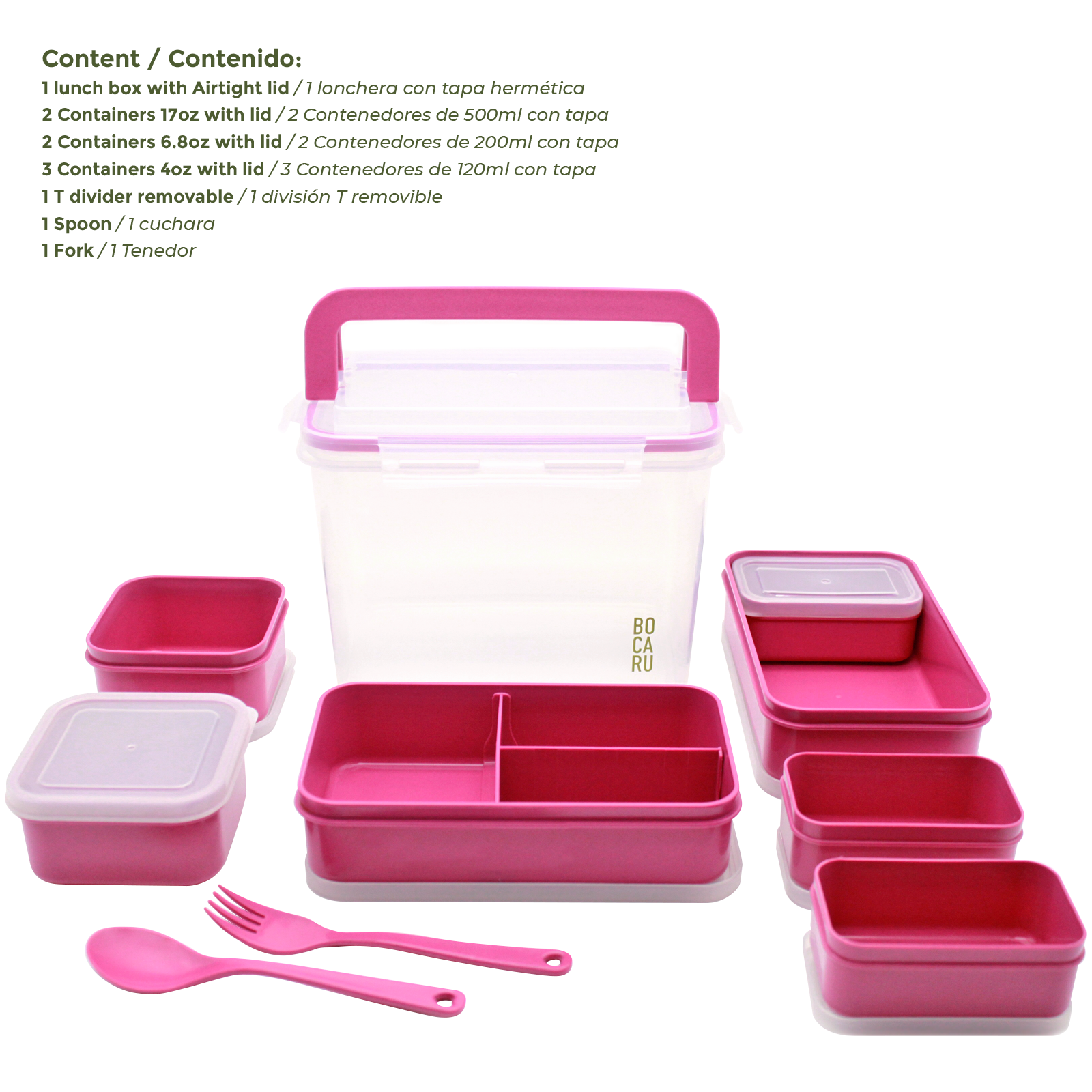 Lonchera Bento Box para niños. Lonchera + tuppers + cubiertos. Set de 18 piezas. Porciones ideales para niños de 5 a 12 años. Rosa Brillante