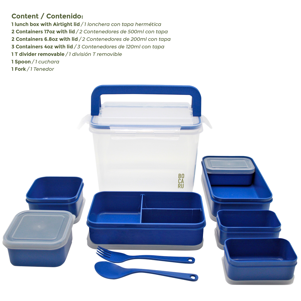 Lonchera Bento Box para niños. Lonchera + tuppers + cubiertos. Set de 18 piezas. Porciones ideales para niños de 5 a 12 años. Azul Eléctrico
